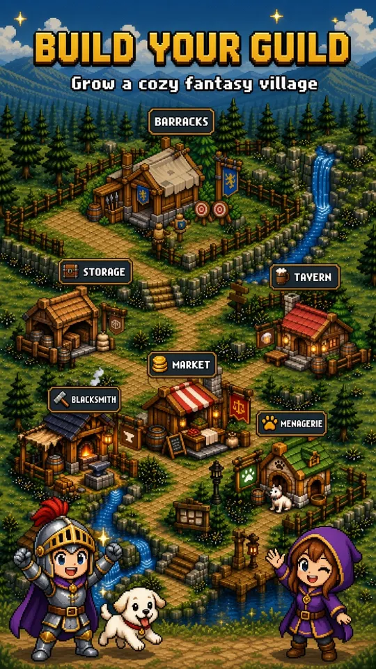 The guild village with Barracks, Tavern and Market